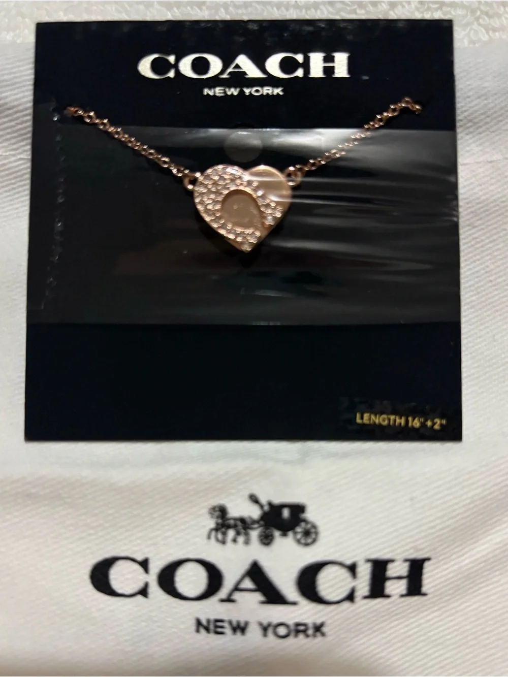 NWT Coach Rose Gold Heart Pendant Necklace - Sparkling Crystal Accent